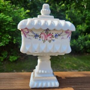 Westmoreland Hand Painted Milkglass Wedding Cake Box